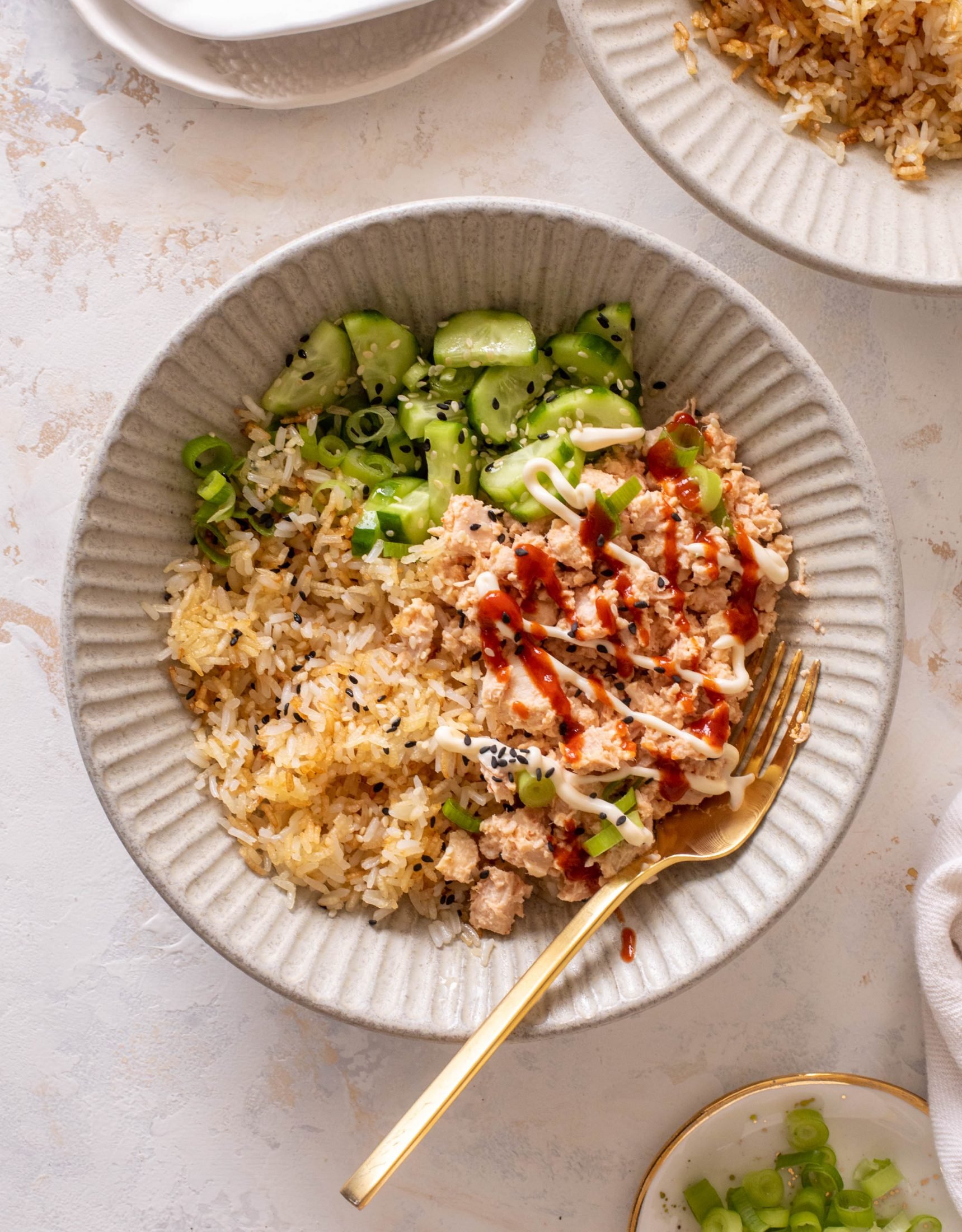 Bol de thon épicé avec riz croustillant